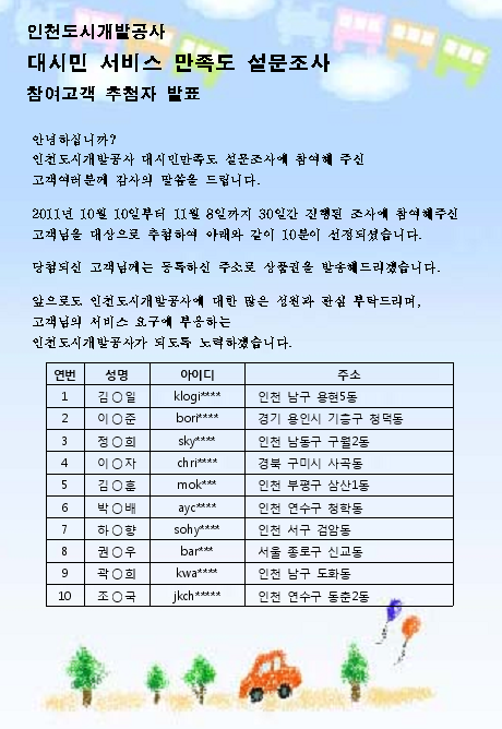 인천도시개발공사 대시민서비스만족도 설문조사 참여고객 추첨자 발표