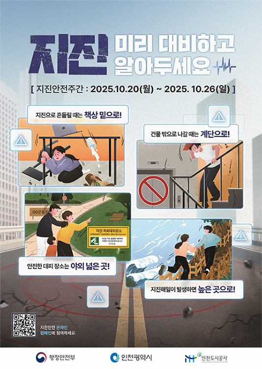 지진 미리 대비하고 알아두세요

[ 지진안전주간 : 2025.10.20(월) ~ 2025.10.26(일) ]

지진으로 흔들릴 때는 책상 밑으로!

건물 밖으로 나갈 때는 계단으로!

안전한 대피 장소는 야외 넓은 곳!

지진해일이 발생하면 높은 곳으로!

지진안전 온라인 캠페인에 참여하세요
(QR코드 : https://m.site.naver.com/1KXb4)

행정안전부
인천광역시
인천도시공사